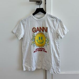 GANNI White Tee with Yellow Sun Smile Graphic